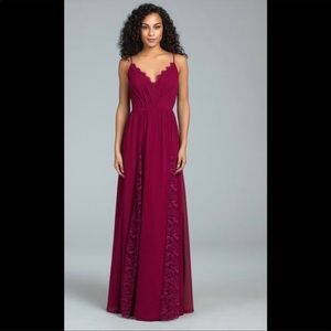 Hayley Paige Burgundy 5813 Chiffon V Neck Lace Gown Formal Dress